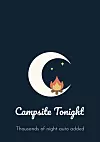 Campsite Tonight logo with crescent moon, campfire, and stars on a dark background.