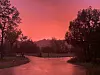 Wet campground road at a fork under a vivid pink and orange sunset sky framed by trees