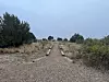 Gravel trail bordered by low timbers running through dry grass and scrub under an overcast sky