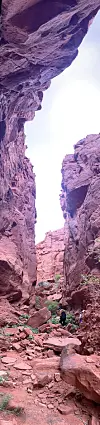 Two hikers walk along a rocky path between tall red canyon walls.