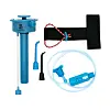 Blue Lunatec spray bottle components with tubing, nozzles and a black strap on a white background.