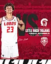 UNM Lobo player Jake Hall standing in front of red graphic announcing a basketball game between UNM and Little Rock for Nov. 10, 2026.