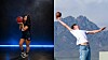 Split image of a woman with a basketball in a studio and a man posing outdoors with mountains behind him.