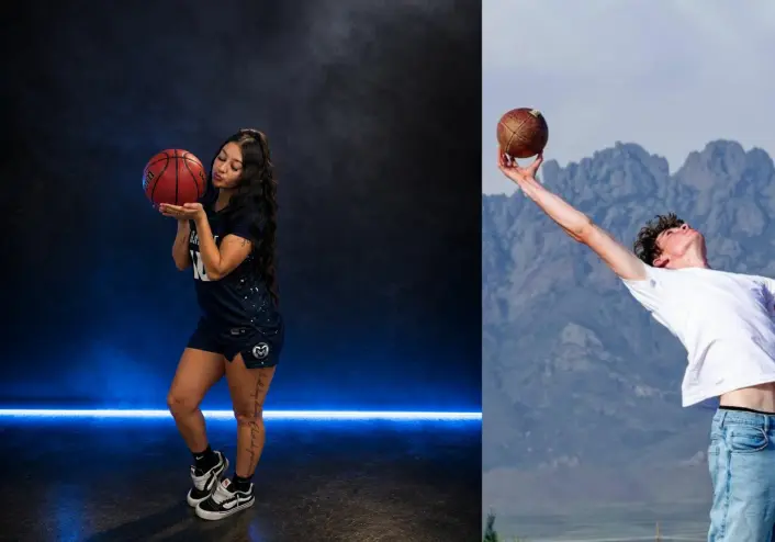 Split image of a woman with a basketball in a studio and a man posing outdoors with mountains behind him.