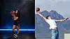 Split image of a woman with a basketball in a studio and a man posing outdoors with mountains behind him.