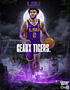 Basketball player Donovan Dent in a purple LSU Tigers basketball jersey with the text 'Geaux Tigers' in front of him.