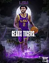 Basketball player Donovan Dent in a purple LSU Tigers basketball jersey with the text 'Geaux Tigers' in front of him.