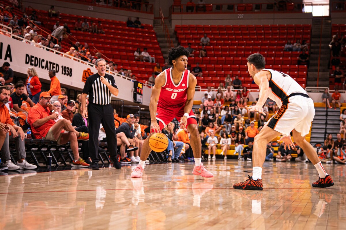 UNM Lobos players celebrating after scoring 99 points against Oklahoma State in 2026