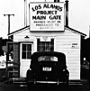 The main gate at Los Alamos National Laboratory during the atomic bomb era.